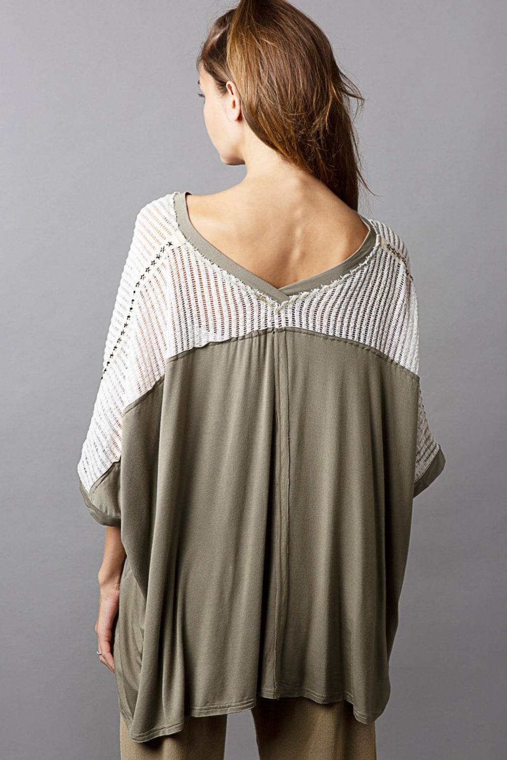 POL Oversize V-Neck Crochet Lace Contrast Studded Top - DaTrendStore.Com