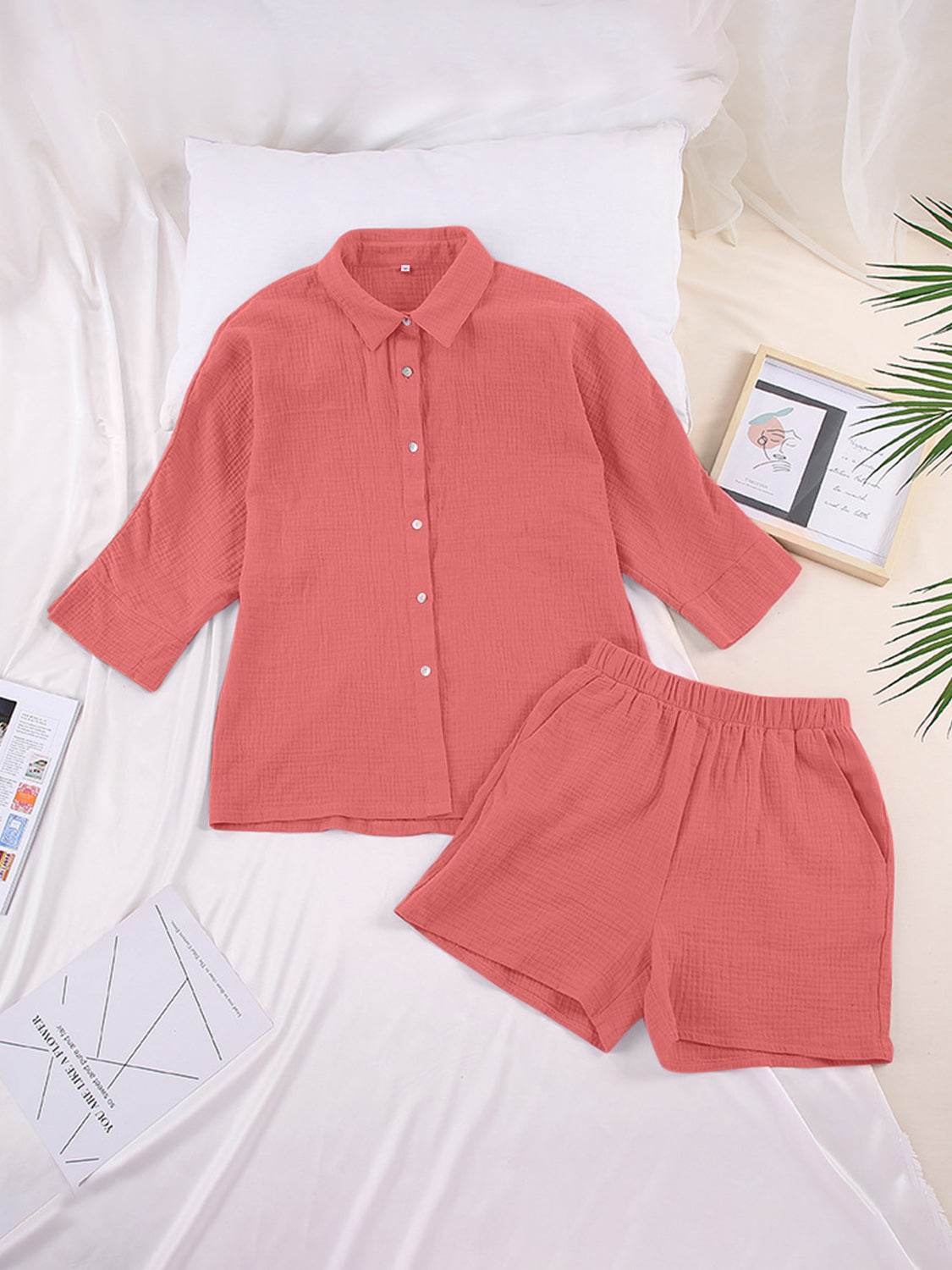 Texture Button Up Shirt and Shorts Set - DaTrendStore.Com