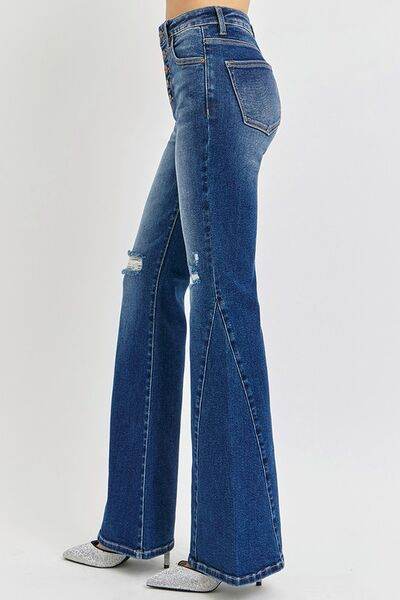 RISEN Distressed Button-Fly Flare Jeans - DaTrendStore.Com