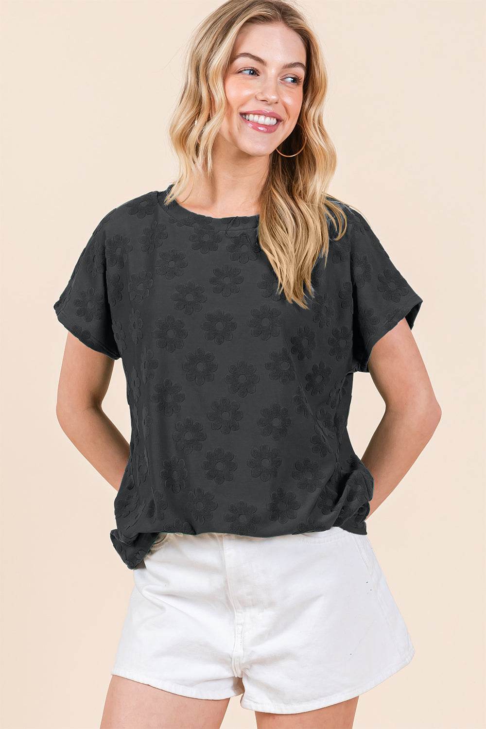 BOMBOM Textured Floral Pattern Short Sleeve T-Shirt - DaTrendStore.Com
