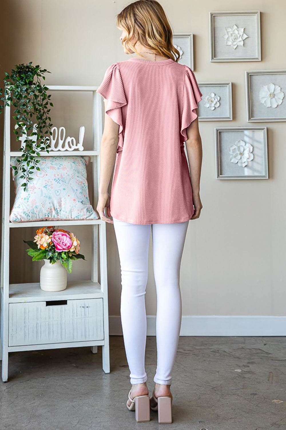 Heimish Full Size Ruffled Sleeve Ribbed Top - DaTrendStore.Com