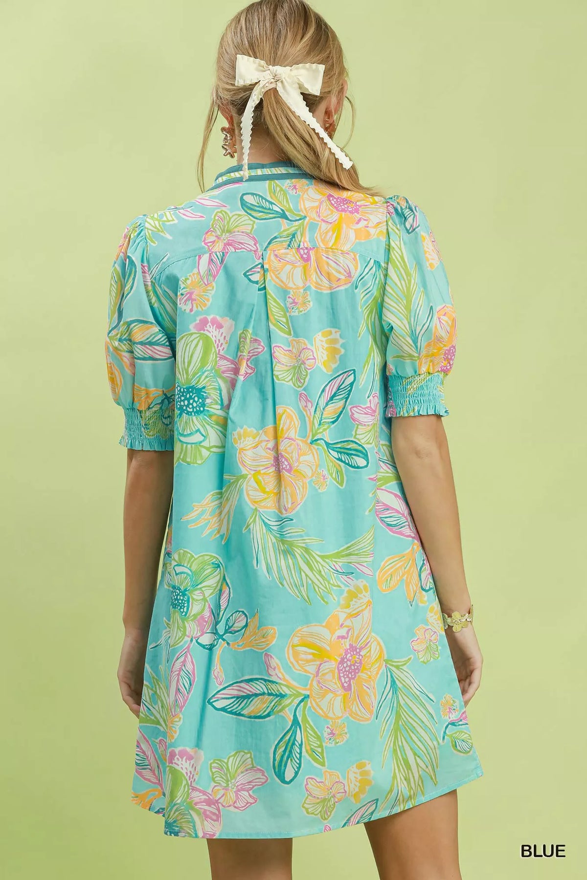 Umgee Botanical Print Dress with Smocked Cuffs - Blue
