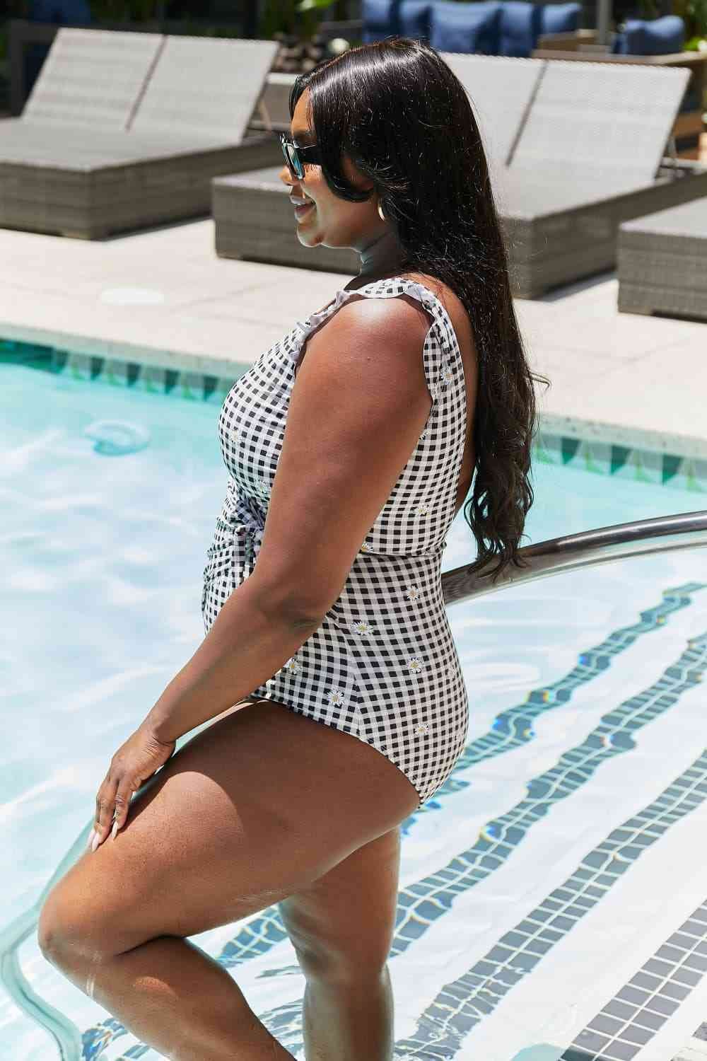 Marina West Swim Full Size Float On Ruffle Faux Wrap One-Piece in Black - DaTrendStore.Com