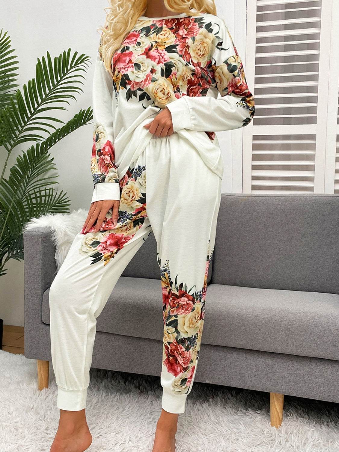 Shiny Printed Round Neck Top and Pants Lounge Set - DaTrendStore.Com