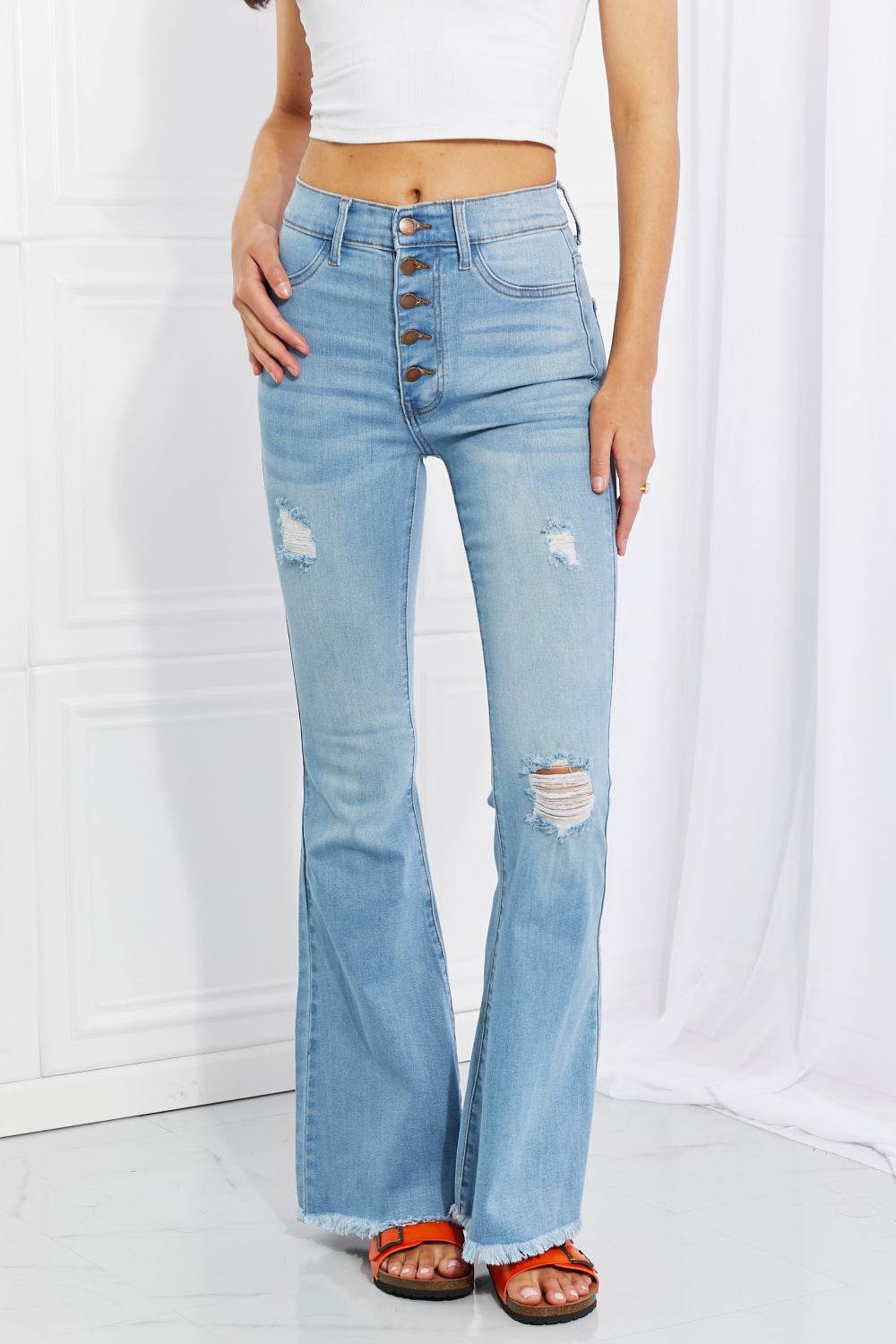 Vibrant MIU Full Size Jess Button Flare Jeans - DaTrendStore.Com