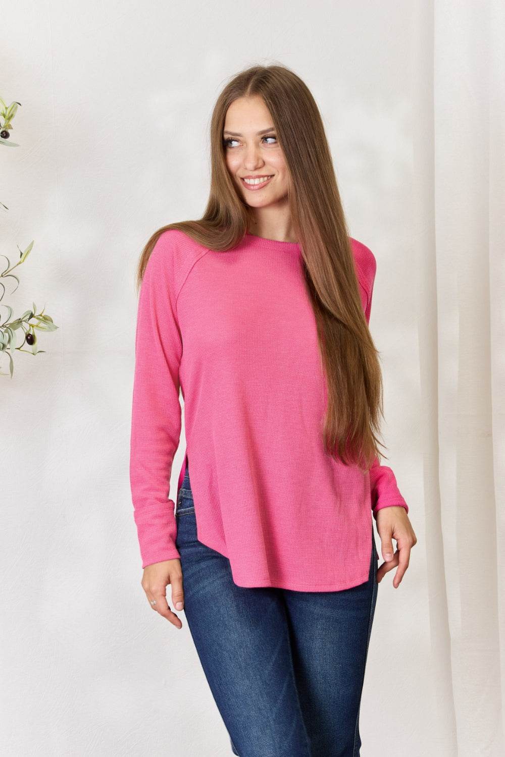 Zenana Round Neck Long Sleeve Slit Top - DaTrendStore.Com