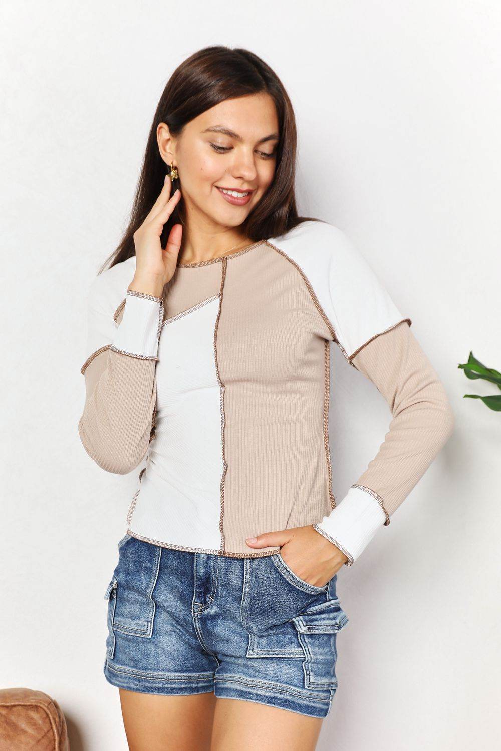 Double Take Color Block Exposed Seam Top - DaTrendStore.Com