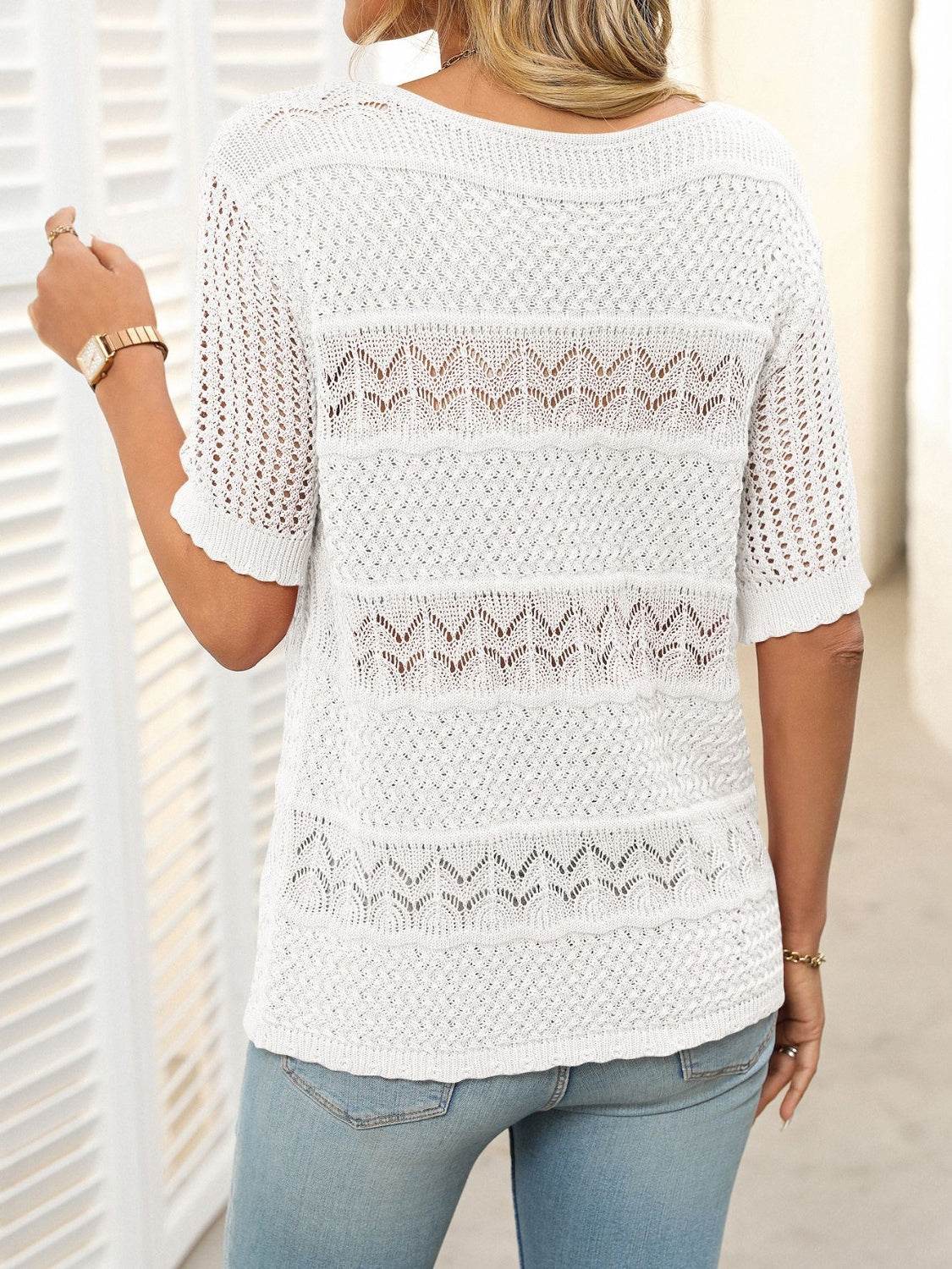 Openwork Round Neck Half Sleeve Knit Top - DaTrendStore.Com