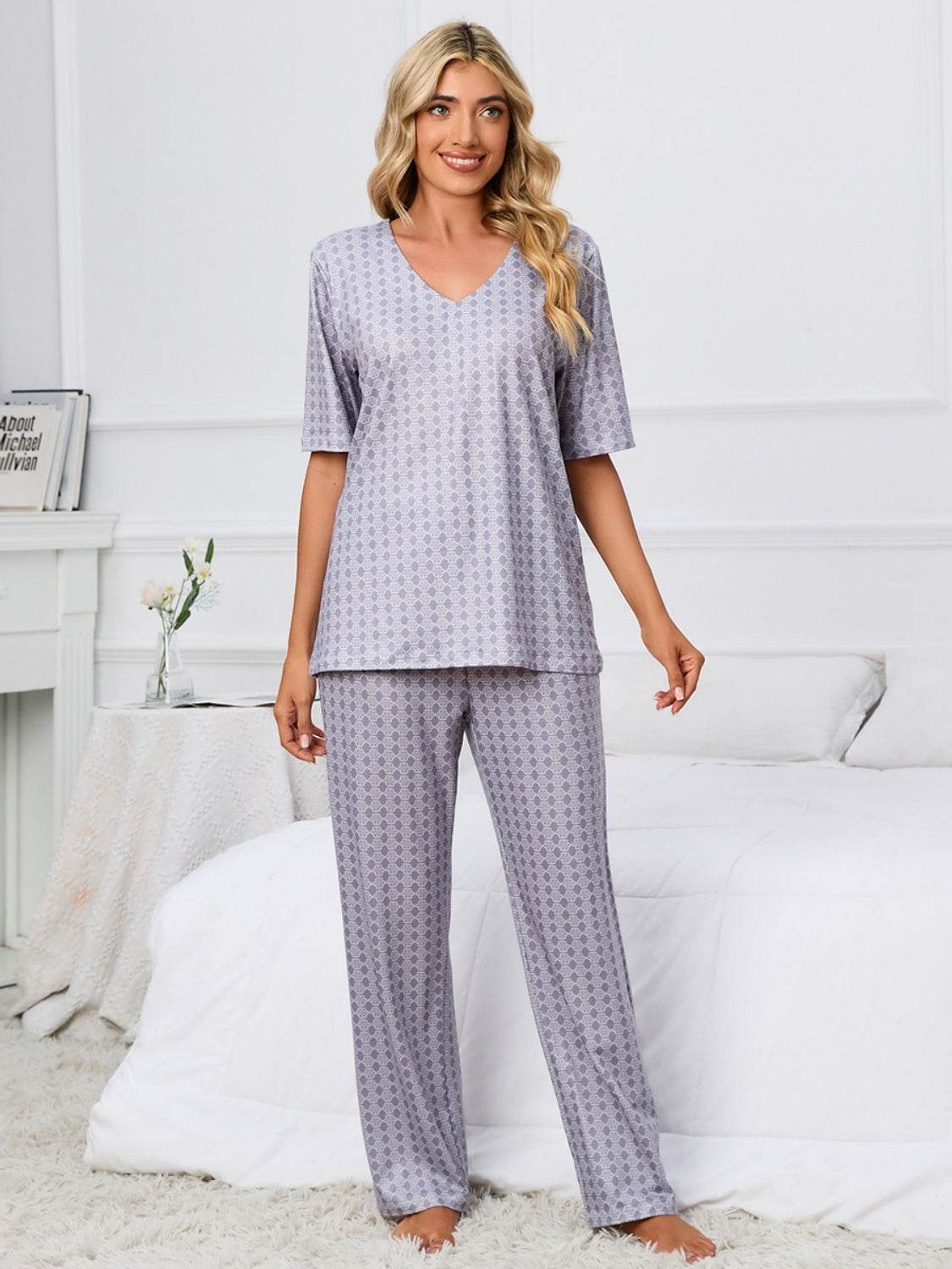 Printed V-Neck Top and Pants Lounge Set - DaTrendStore.Com