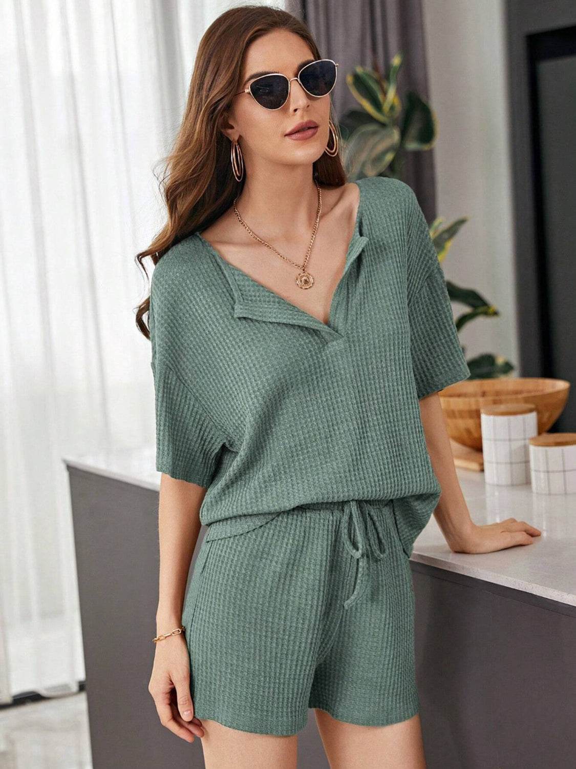 Full Size Waffle-Knit Dropped Shoulder Top and Shorts Set - DaTrendStore.Com