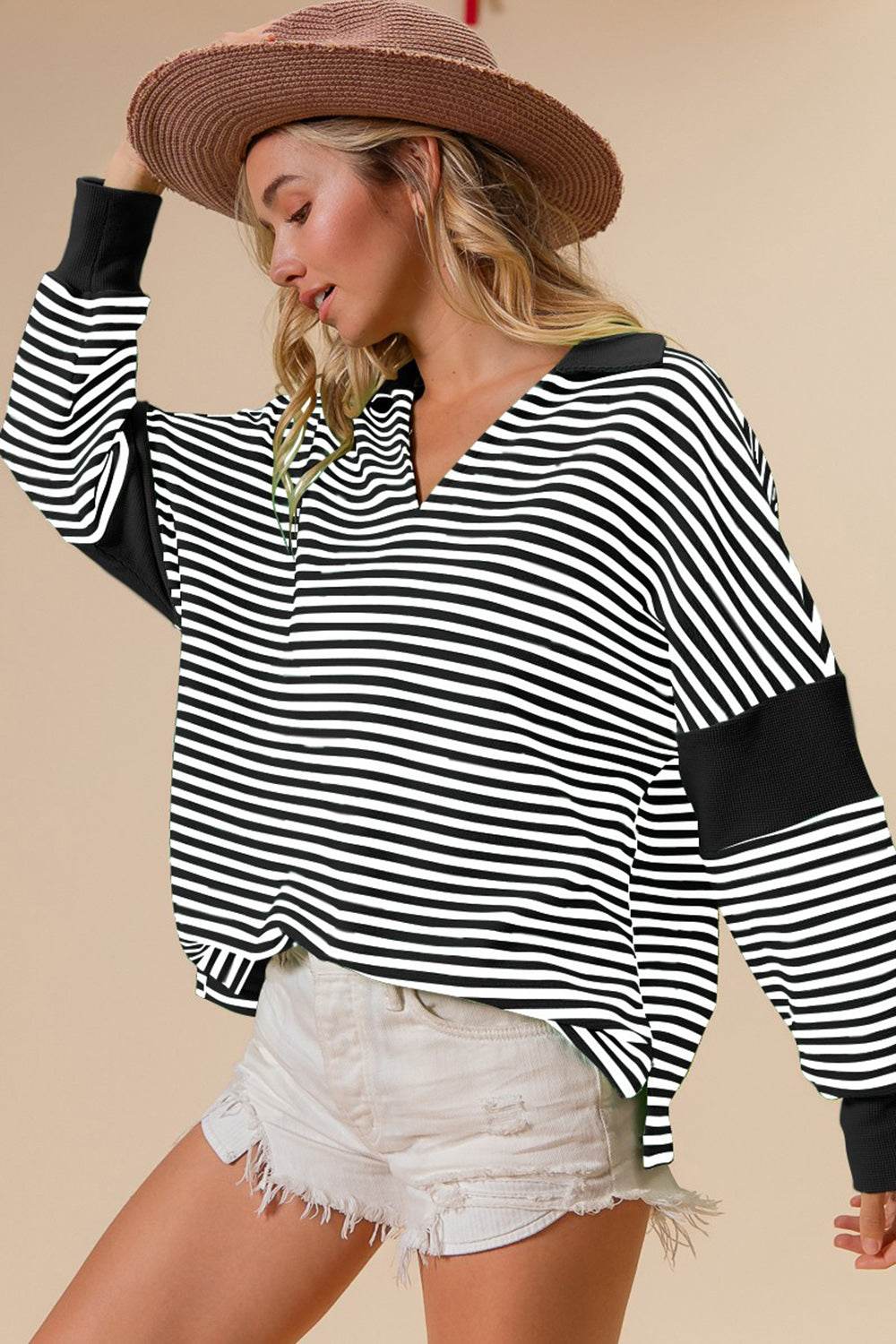 BiBi Striped Contrast Long Sleeve Knit Top - DaTrendStore.Com