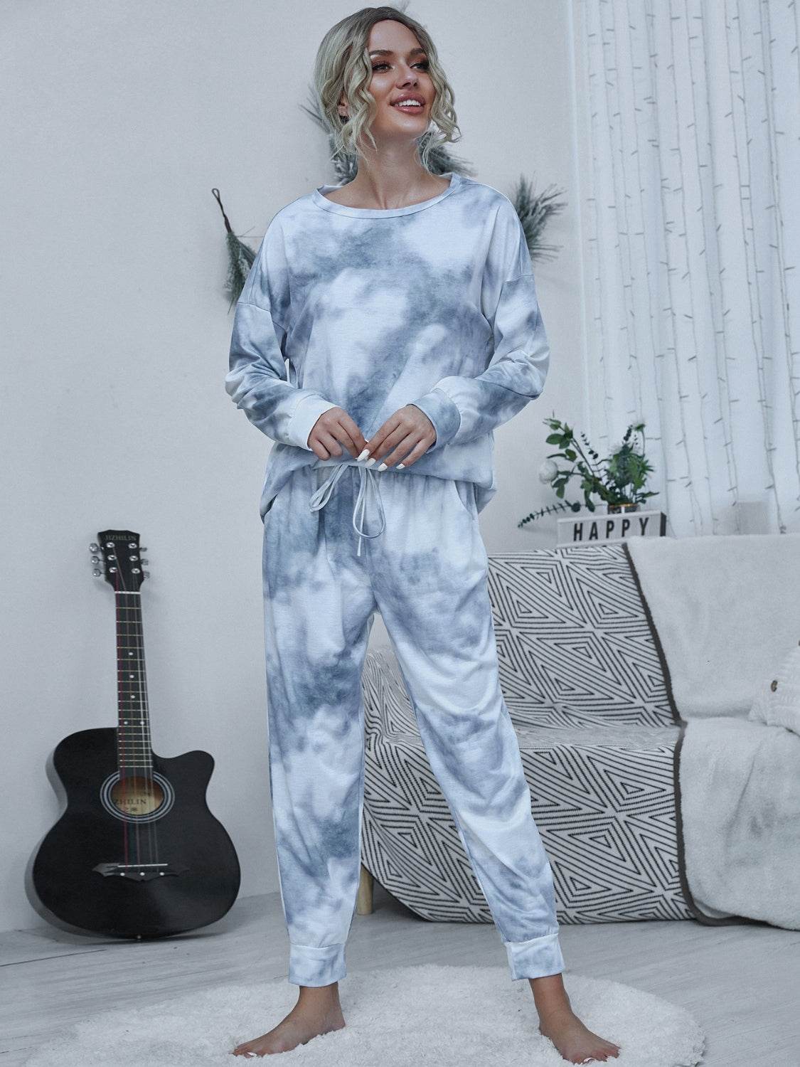 Shiny Tie-dye Round Neck Top and Drawstring Pants Lounge Set - DaTrendStore.Com