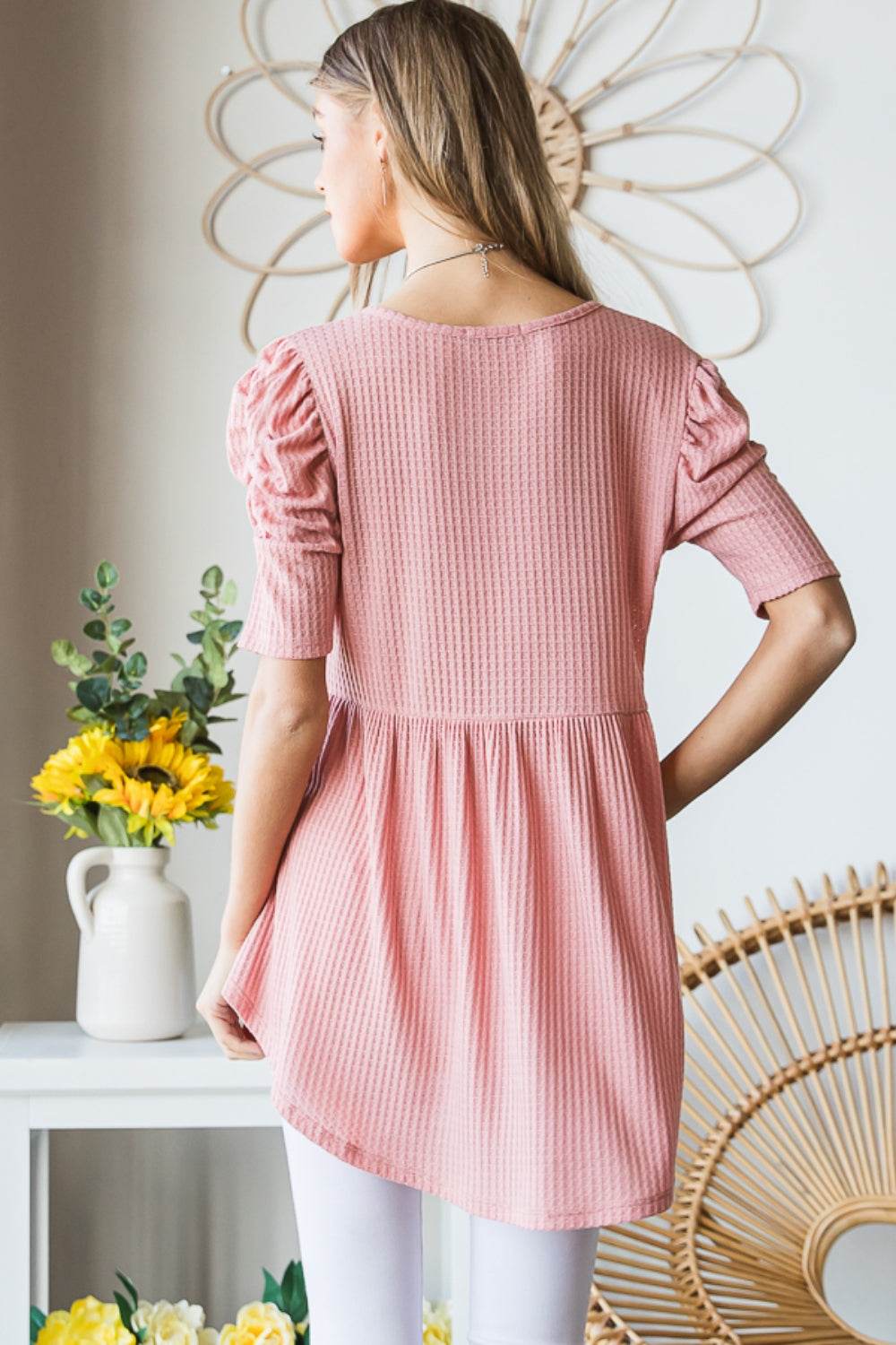 Heimish Full Size Waffle Knit V-Neck Babydoll Top - DaTrendStore.Com