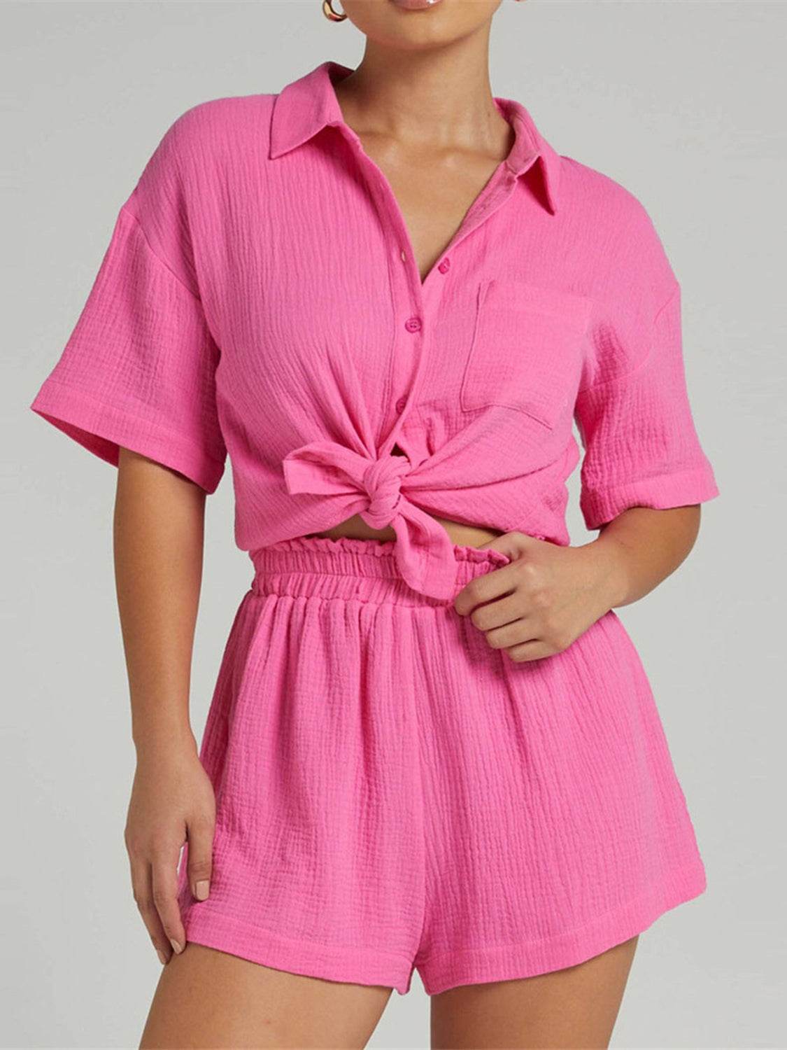 Texture Button Up Shirt and Shorts Set - DaTrendStore.Com