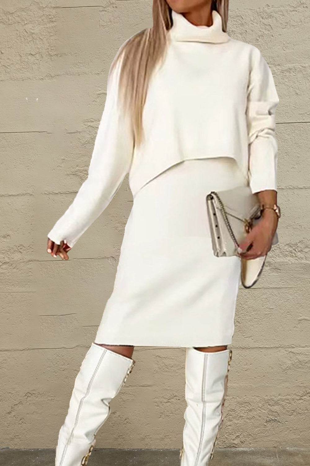 Turtleneck Dropped Shoulder Sweater and Midi Dress Sweater Set - DaTrendStore.Com