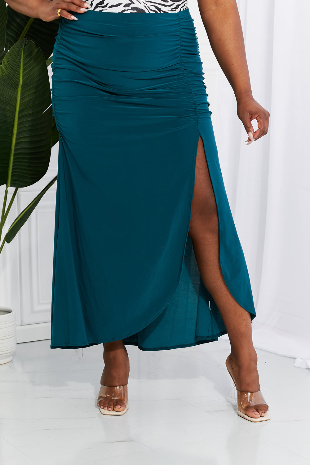 White Birch Full Size Up and Up Ruched Slit Maxi Skirt in Teal