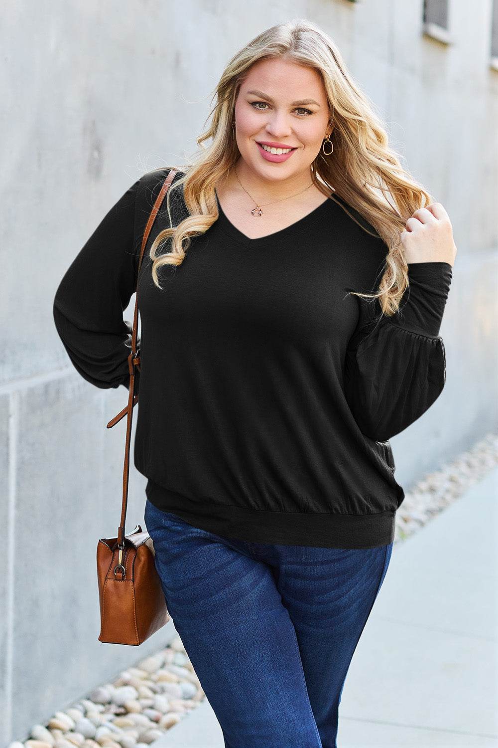 Basic Bae Full Size V-Neck Lantern Sleeve Top - DaTrendStore.Com