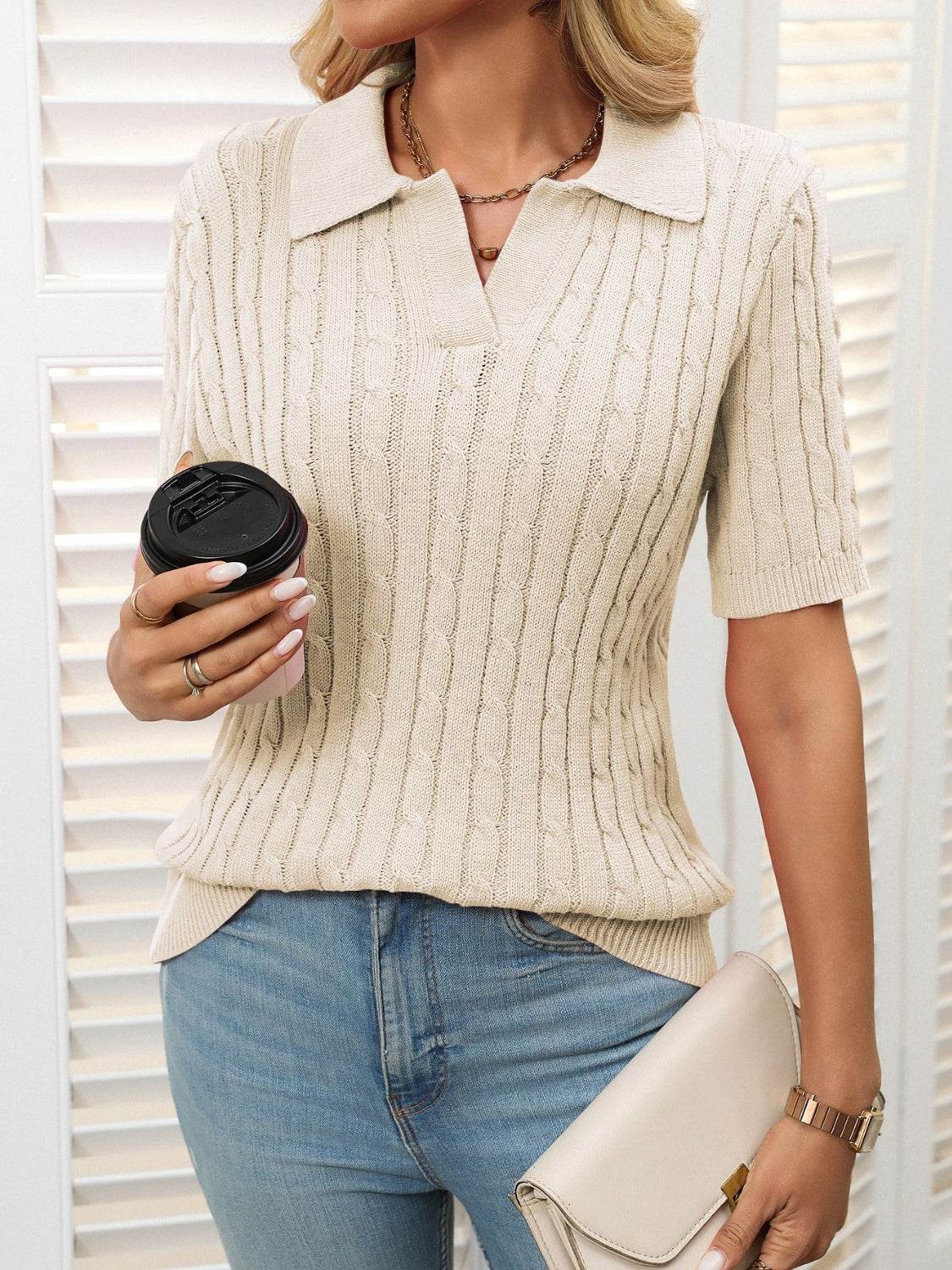Mandy Cable Knit Johnny Collar Half Sleeve Sweater - DaTrendStore.Com