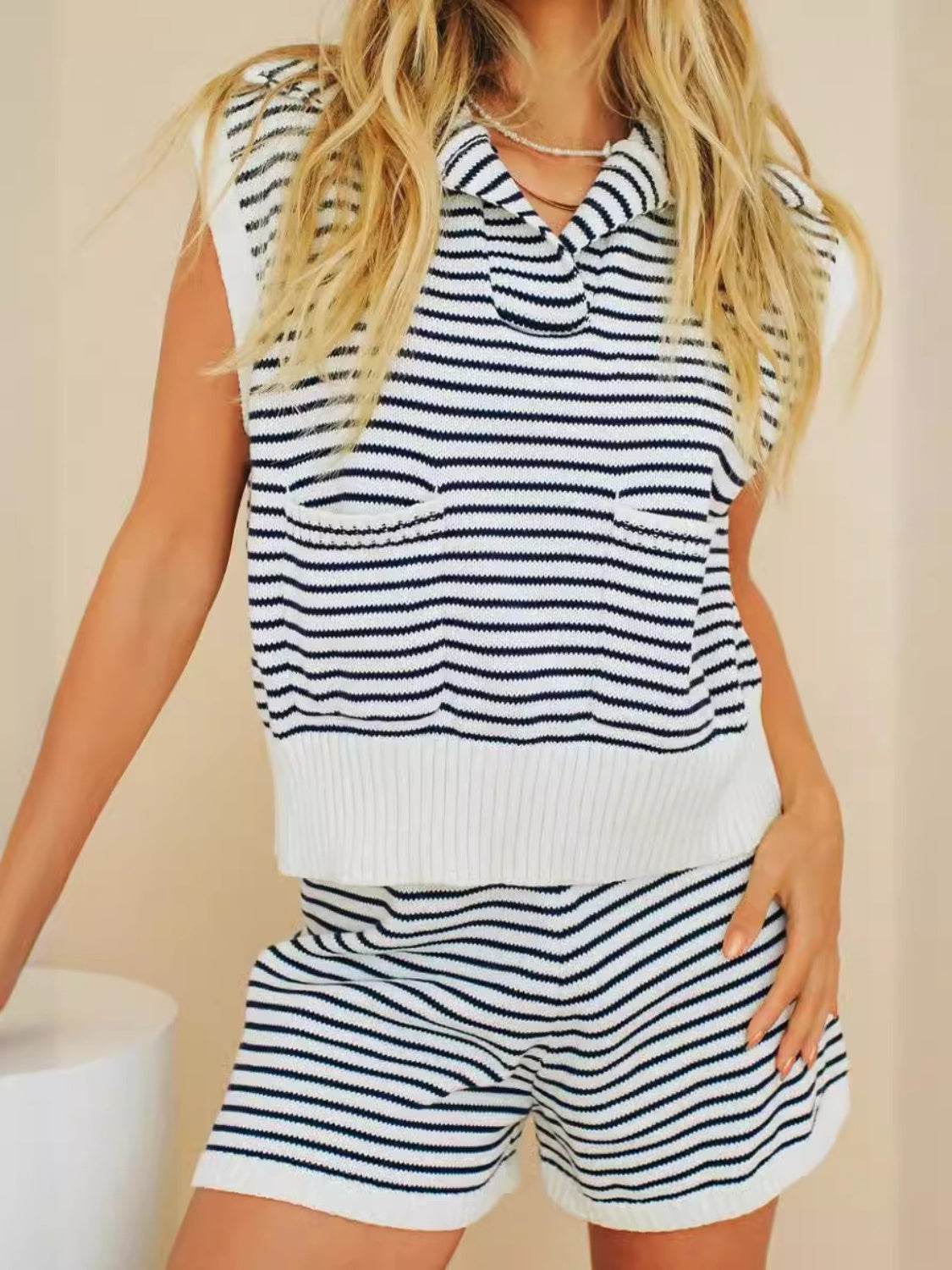 Striped Cap Sleeve Top and Shorts Sweater Set - DaTrendStore.Com