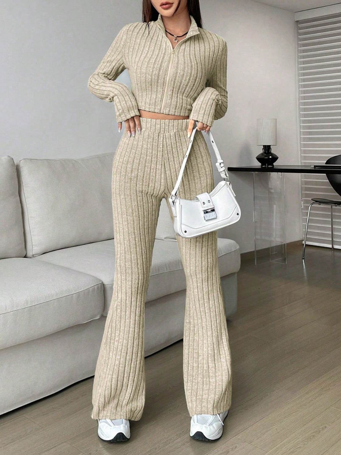 Honey Zip Up Long Sleeve Top and Pants Set - DaTrendStore.Com