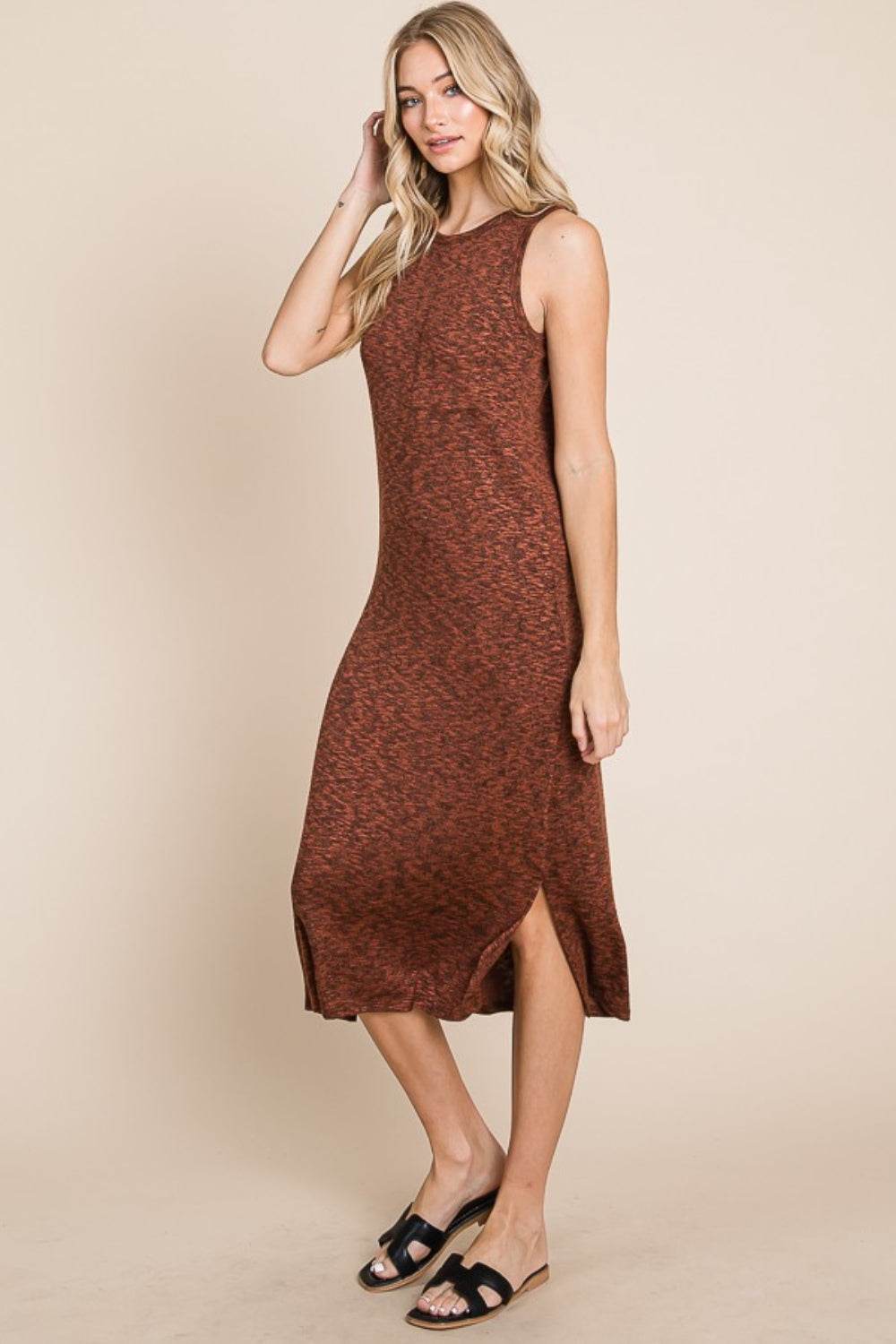 BOMBOM Slit Round Neck Sleeveless Midi Dress - DaTrendStore.Com