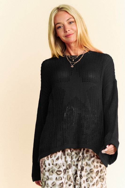 Davi & Dani Star Front Crochet Drop Shoulder Knit Top - DaTrendStore.Com