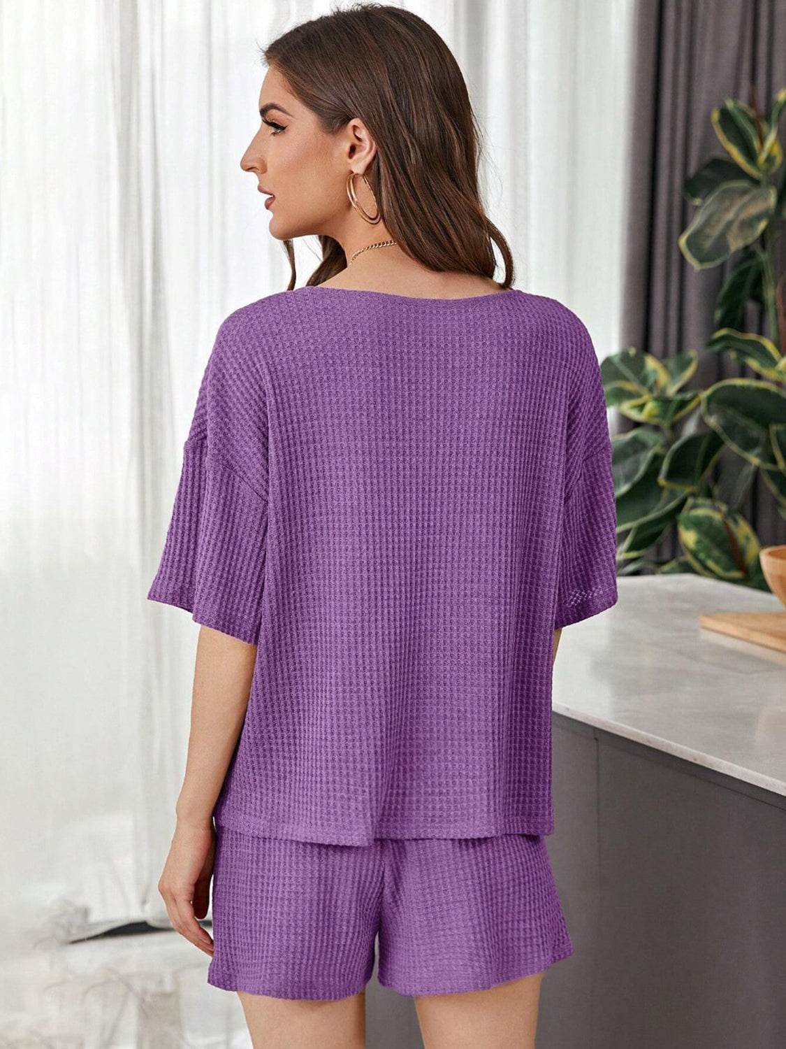 Full Size Waffle-Knit Dropped Shoulder Top and Shorts Set - DaTrendStore.Com
