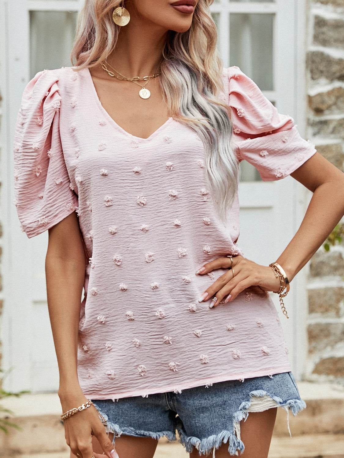 Swiss Dot Short Puff Sleeve Top - DaTrendStore.Com