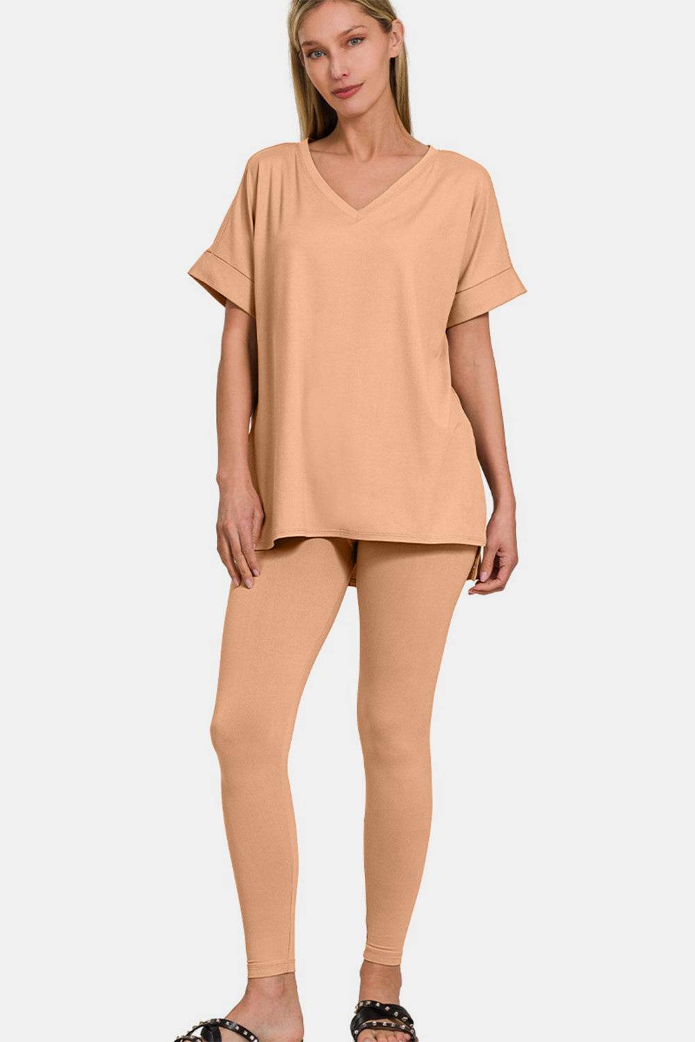 Zenana Full Size V-Neck Rolled Short Sleeve T-Shirt and Leggings Lounge Set - DaTrendStore.Com