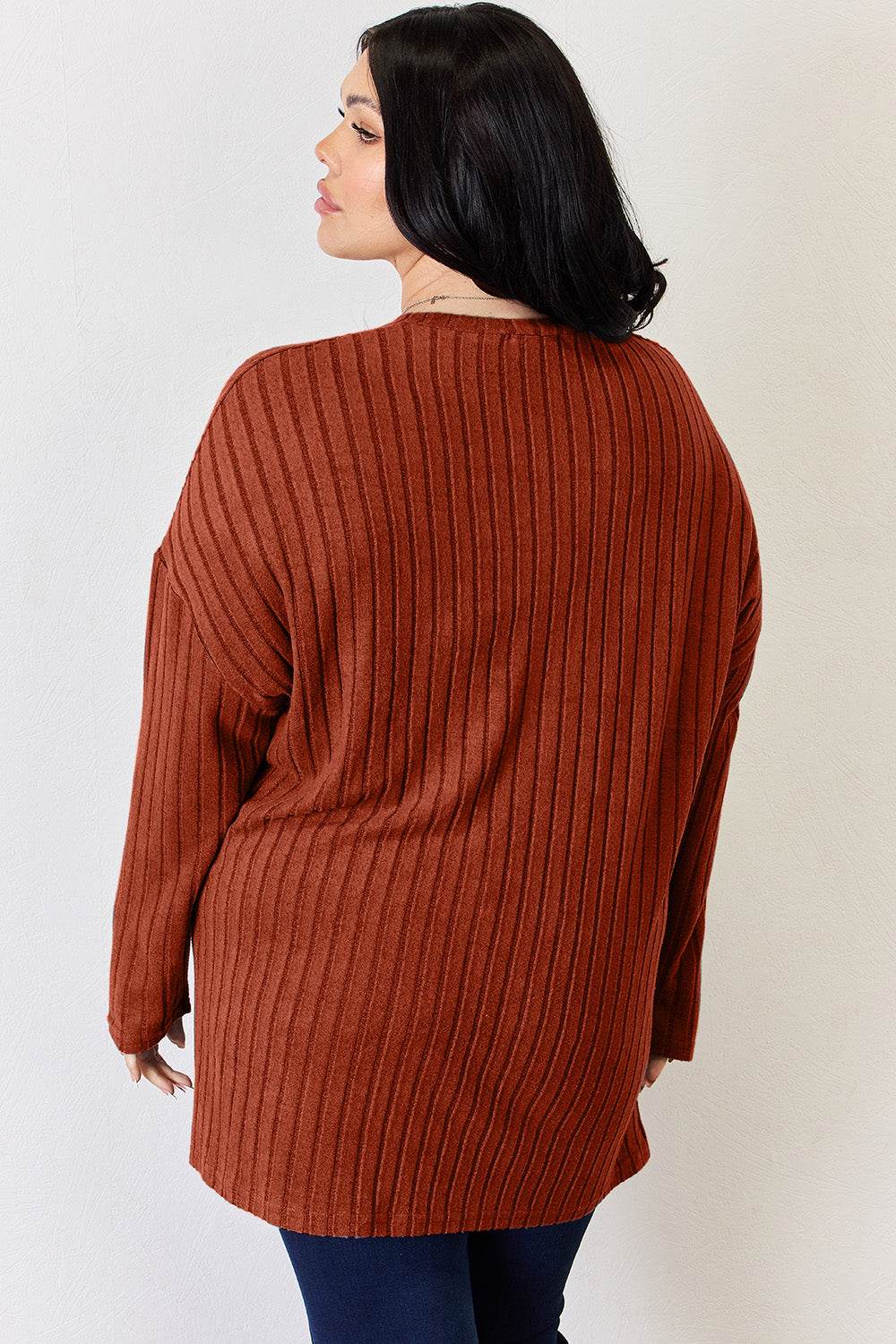 Basic Bae Full Size Ribbed Half Button Long Sleeve High-Low T-Shirt - DaTrendStore.Com