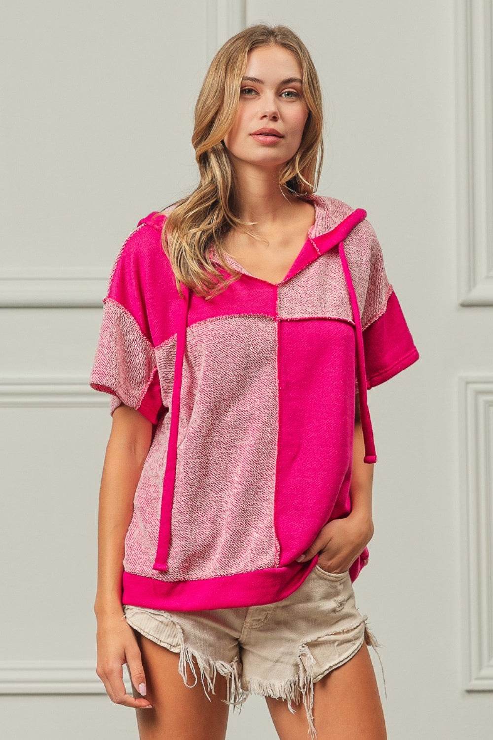 BiBi Color Block Exposed Seam Short Sleeve Hooded Top - DaTrendStore.Com