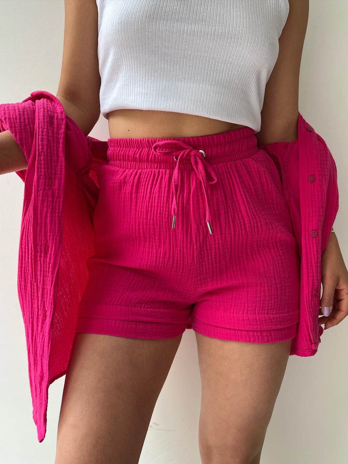 Texture Button Up Shirt and Drawstring Shorts Set - DaTrendStore.Com