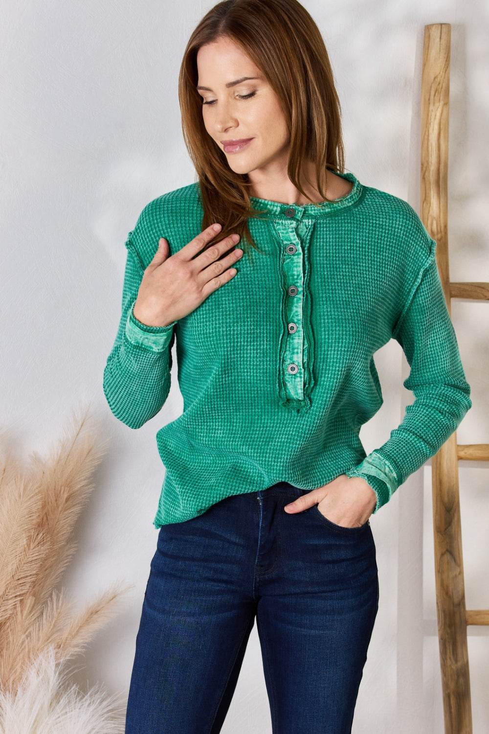 Zenana Washed Half Button Exposed Seam Waffle Top - DaTrendStore.Com