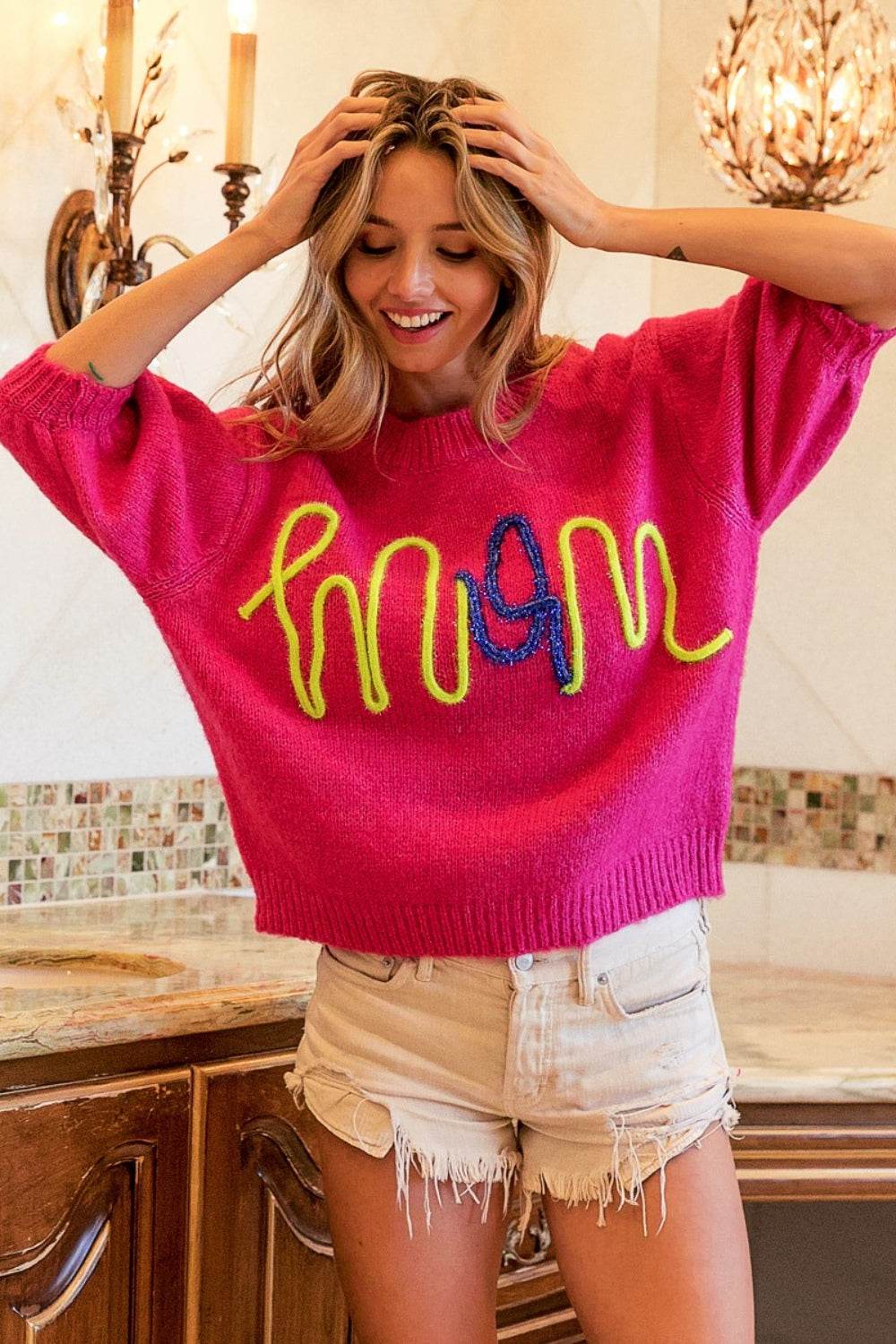 BiBi MOM Contrast Round Neck Sweater - DaTrendStore.Com