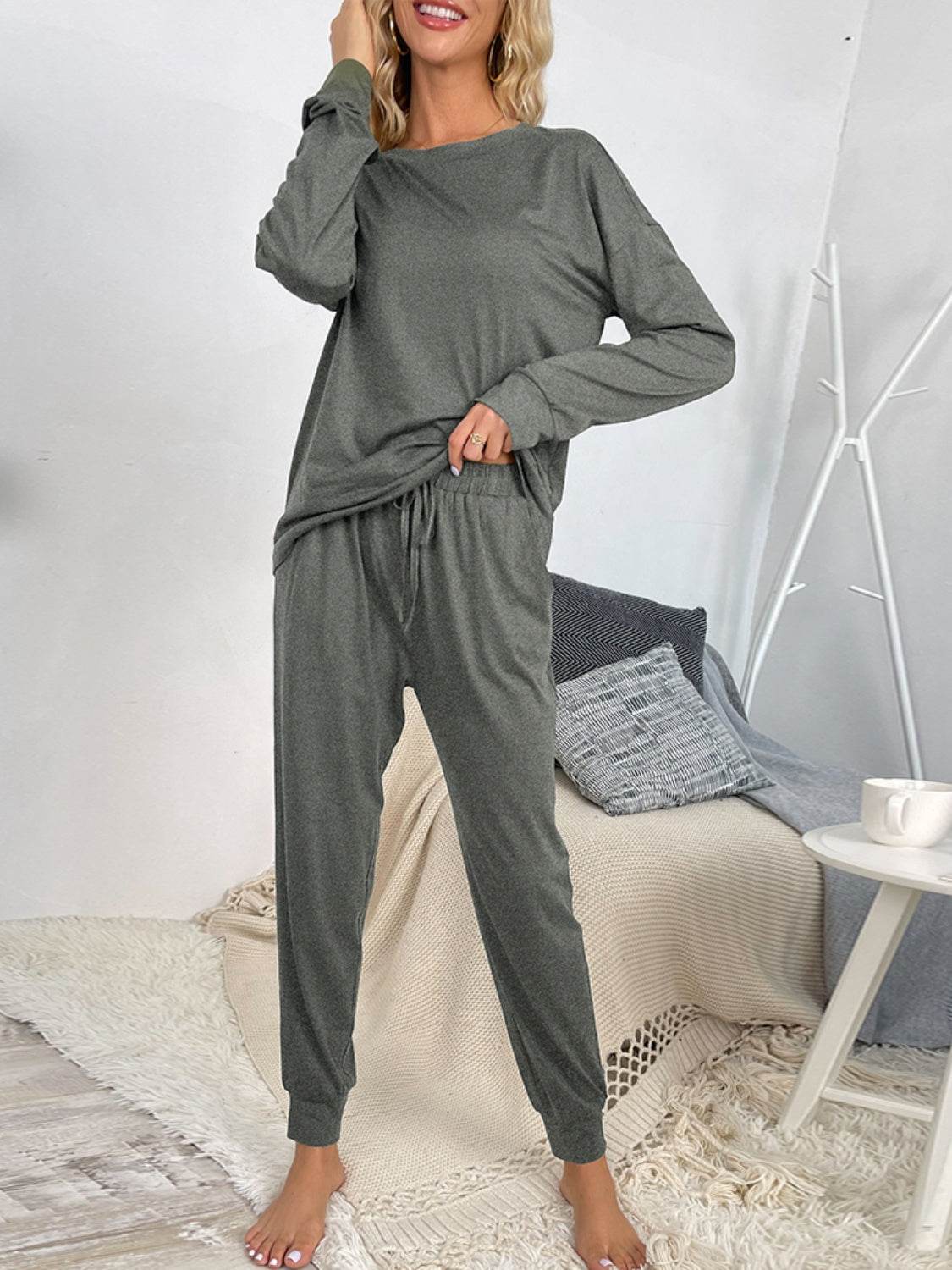 Shiny Round Neck Top and Drawstring Pants Lounge Set - DaTrendStore.Com