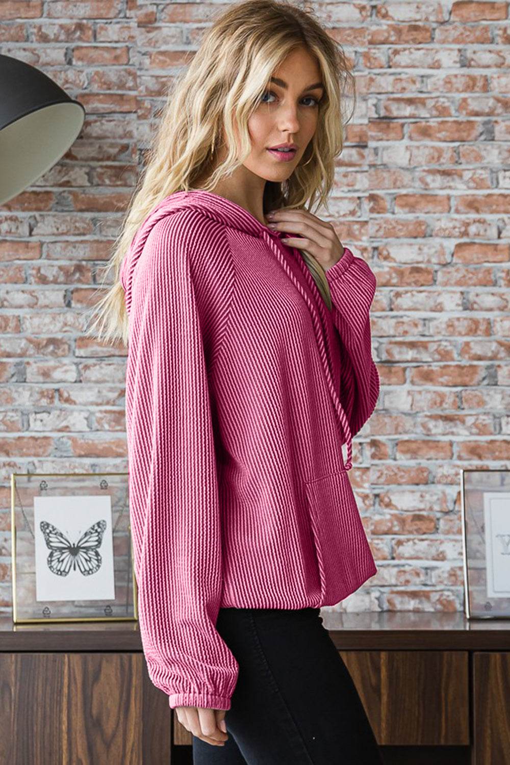 Heimish Ribbed Long Sleeve Hoodie with Kangaroo Pocket - DaTrendStore.Com