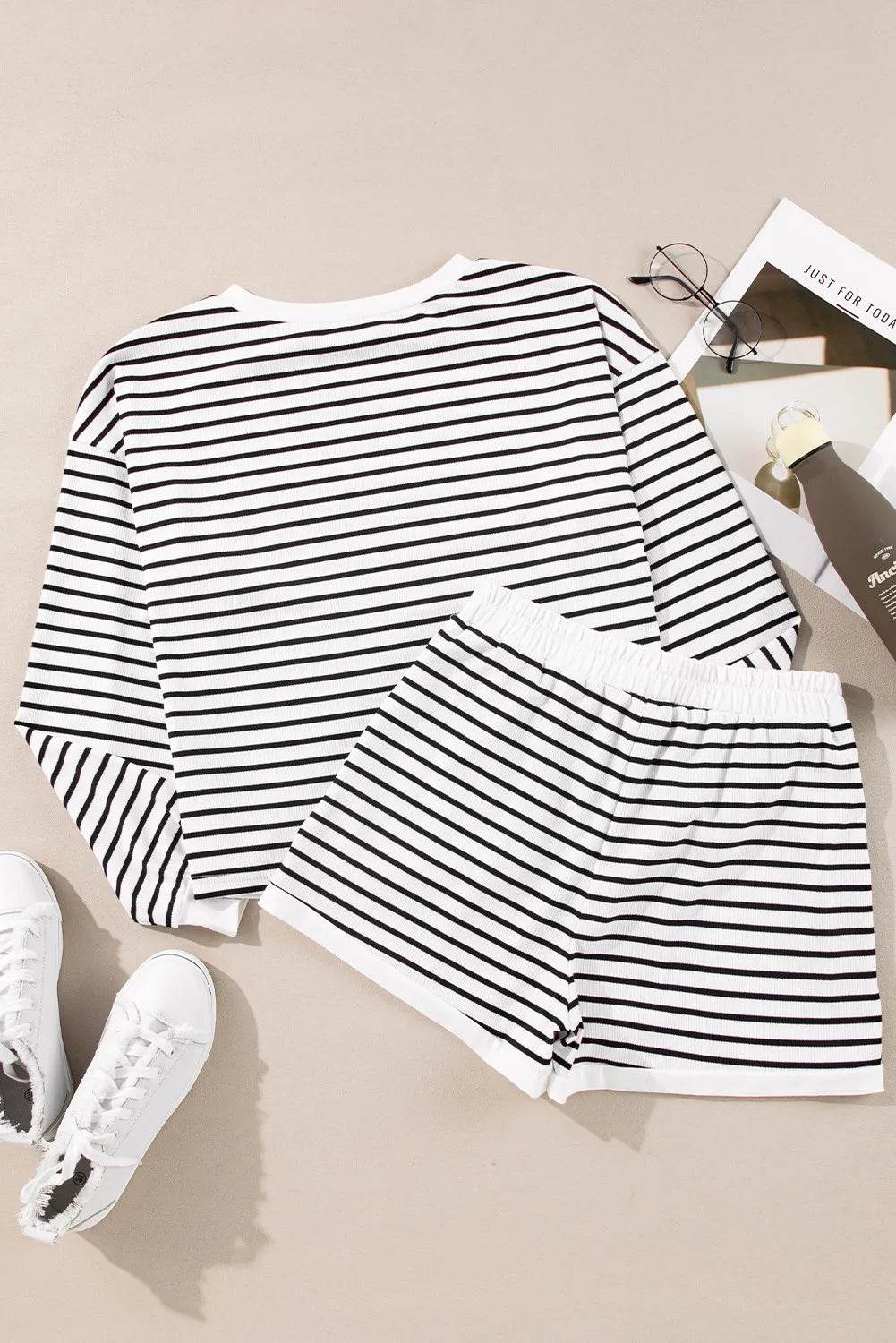 Striped Round Neck Long Sleeve Top and Shorts Set - DaTrendStore.Com