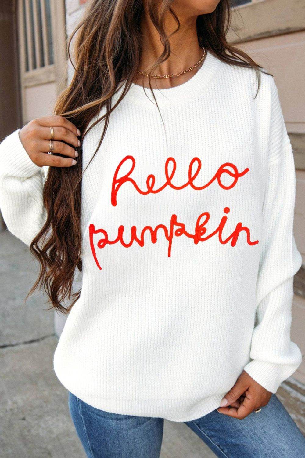 HELLO PUMPKIN Round Neck Long Sleeve Sweater - DaTrendStore.Com