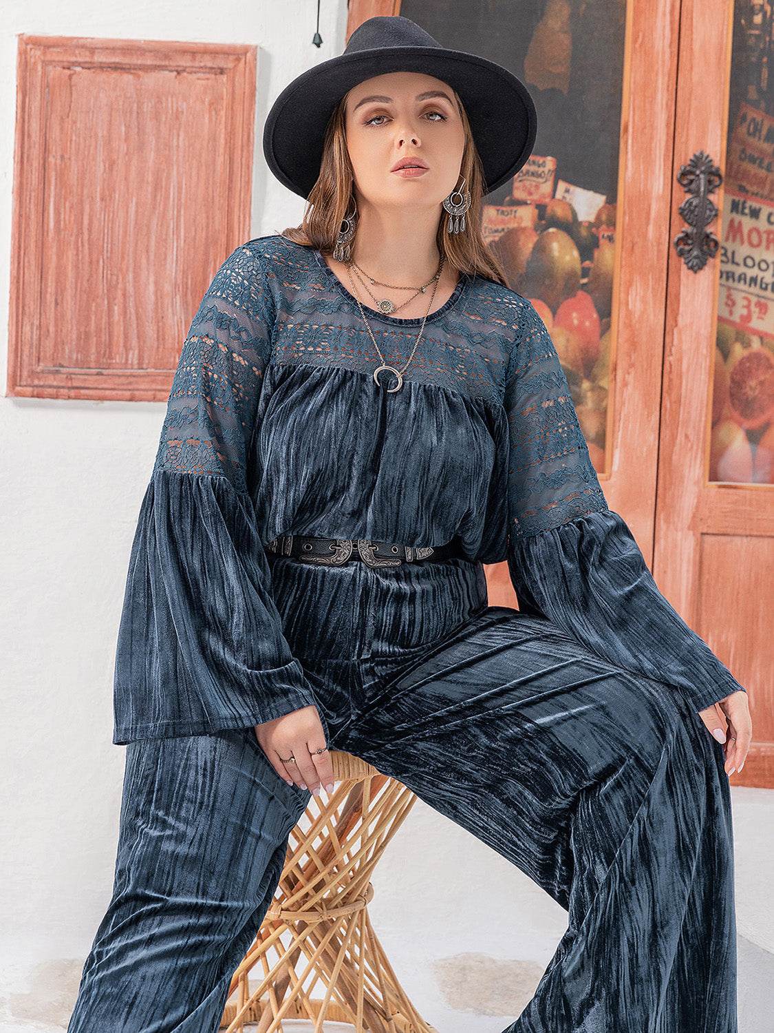 Plus Size Round Neck Flare Sleeve Top and Pants Set - DaTrendStore.Com