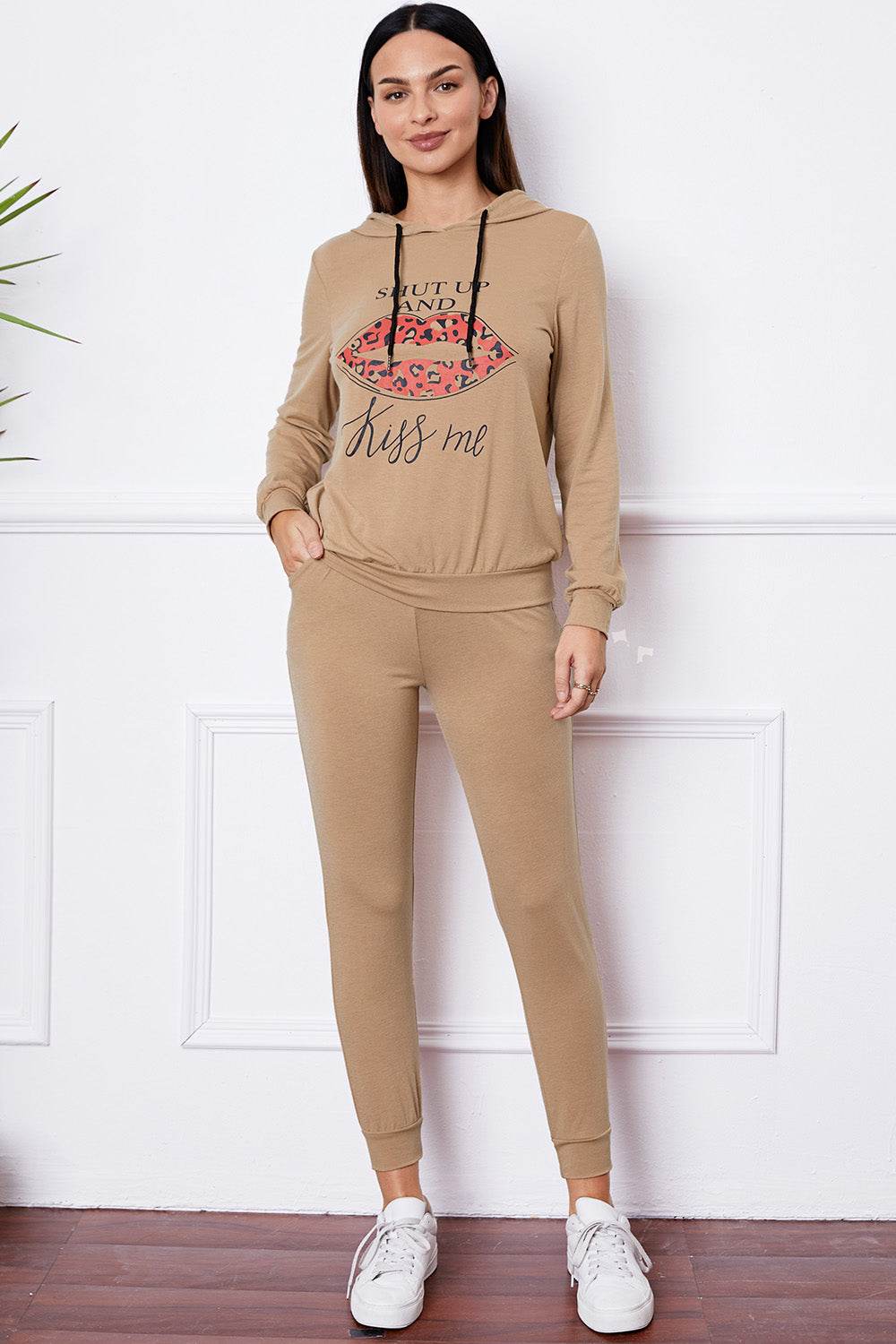 SHUT UP AND KISS ME Lip Graphic Hooded Top and Drawstring Pants Set - DaTrendStore.Com