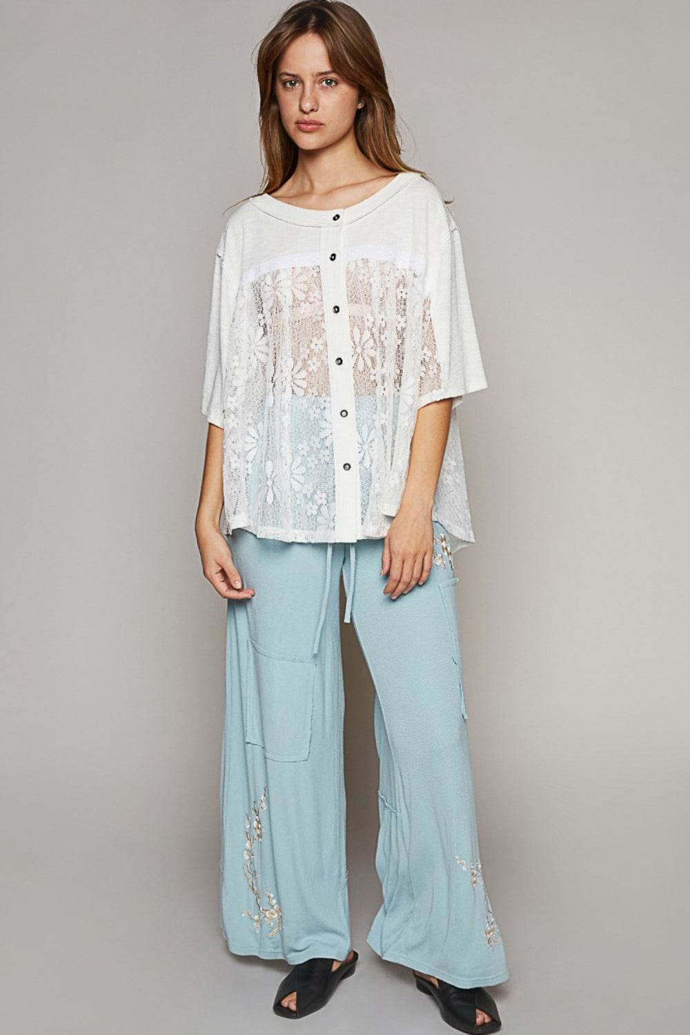 POL Round Neck Short Sleeve Lace Top - DaTrendStore.Com