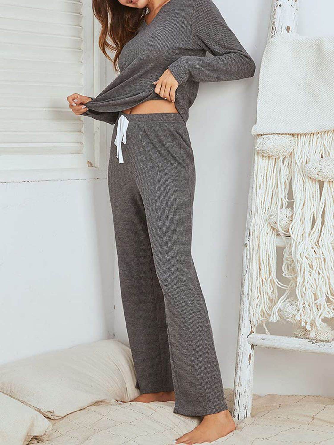 Notched Long Sleeve Top and Pants Set - DaTrendStore.Com