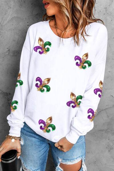 Sequin Round Neck Dropped Shoulder Sweatshirt - DaTrendStore.Com