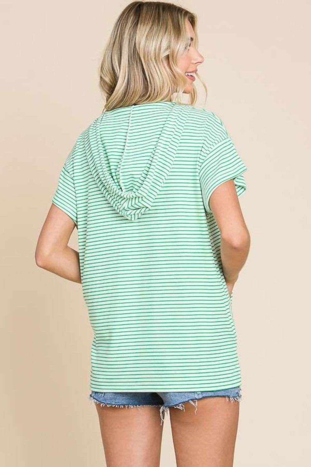 Culture Code Full Size Striped Short Sleeve Hooded Top - DaTrendStore.Com