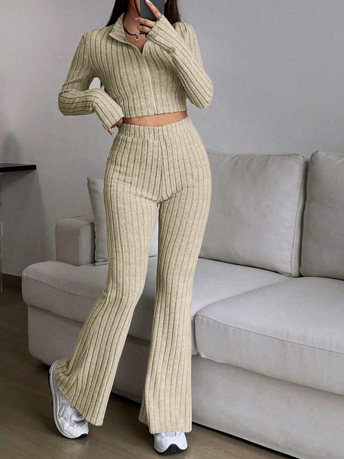 Honey Zip Up Long Sleeve Top and Pants Set - DaTrendStore.Com