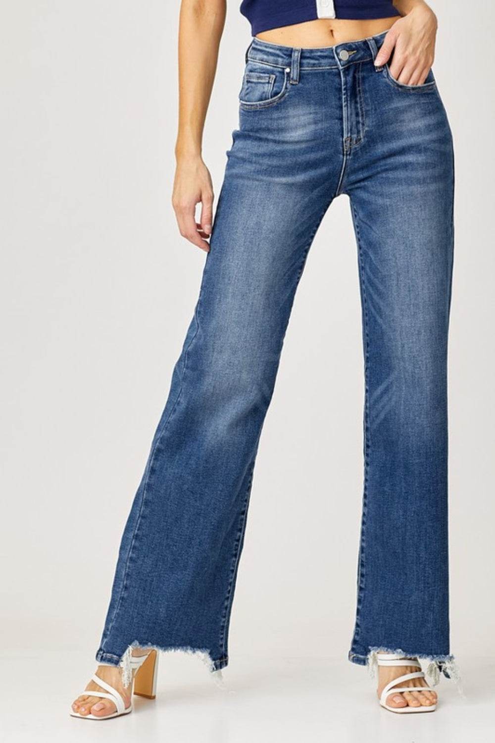 Risen Full Size High Rise Frayed Hem Wide Leg Jeans - DaTrendStore.Com