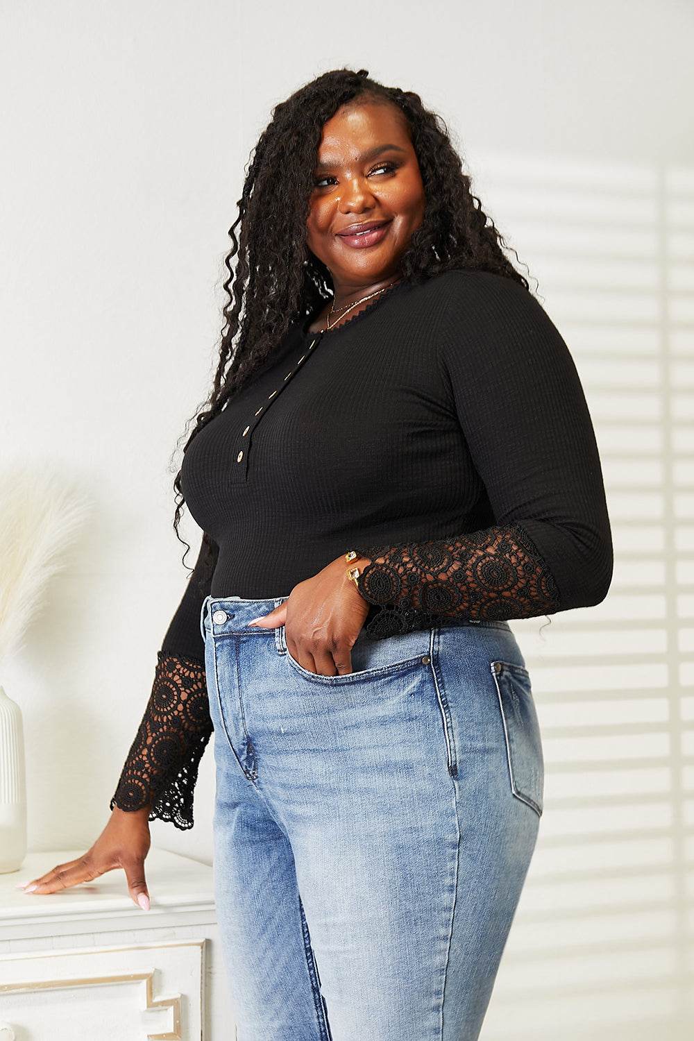 Double Take Crochet Lace Hem Sleeve Button Top - DaTrendStore.Com