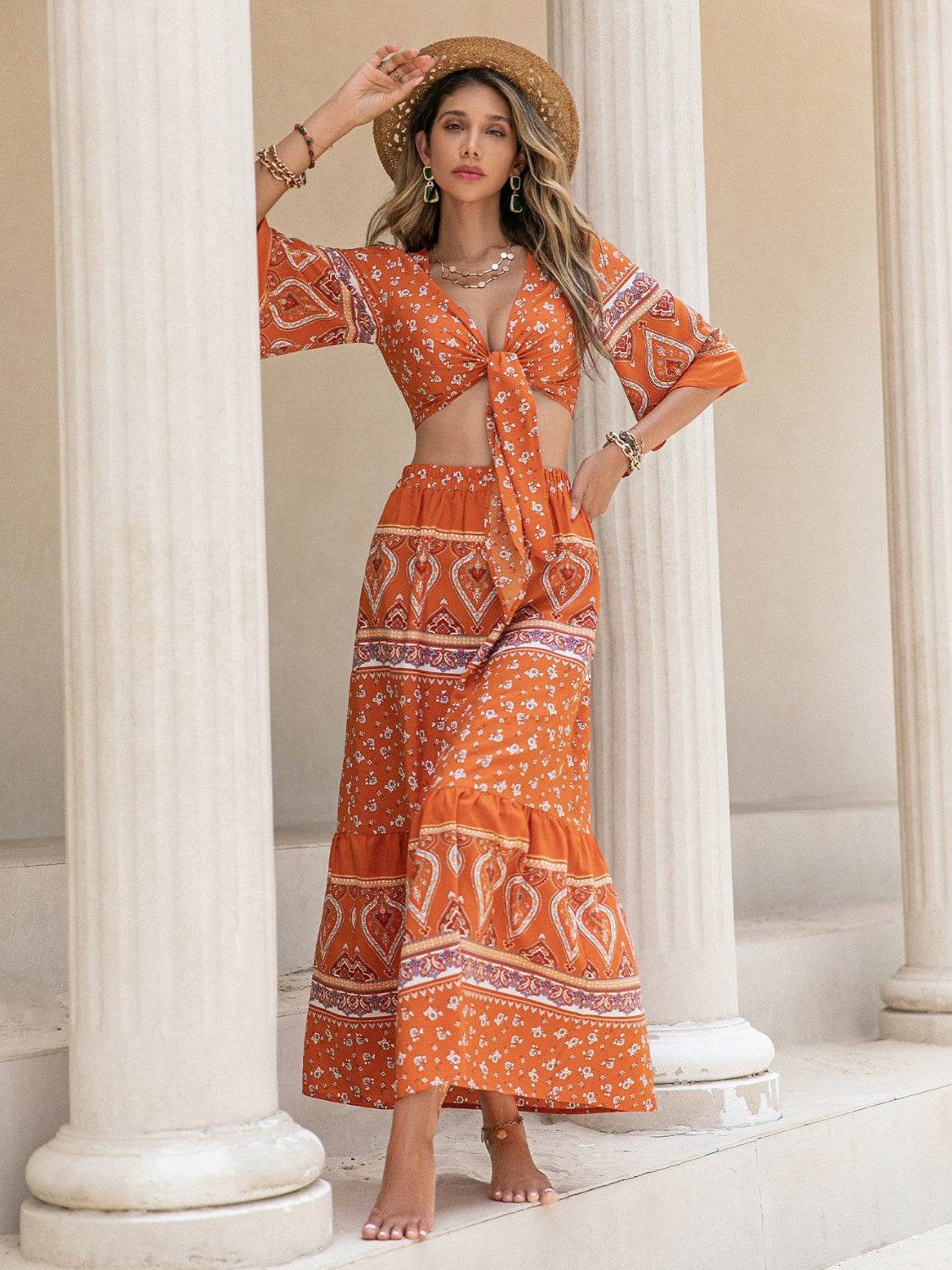 Printed Plunge Half Sleeve Top and Skirt Set - DaTrendStore.Com
