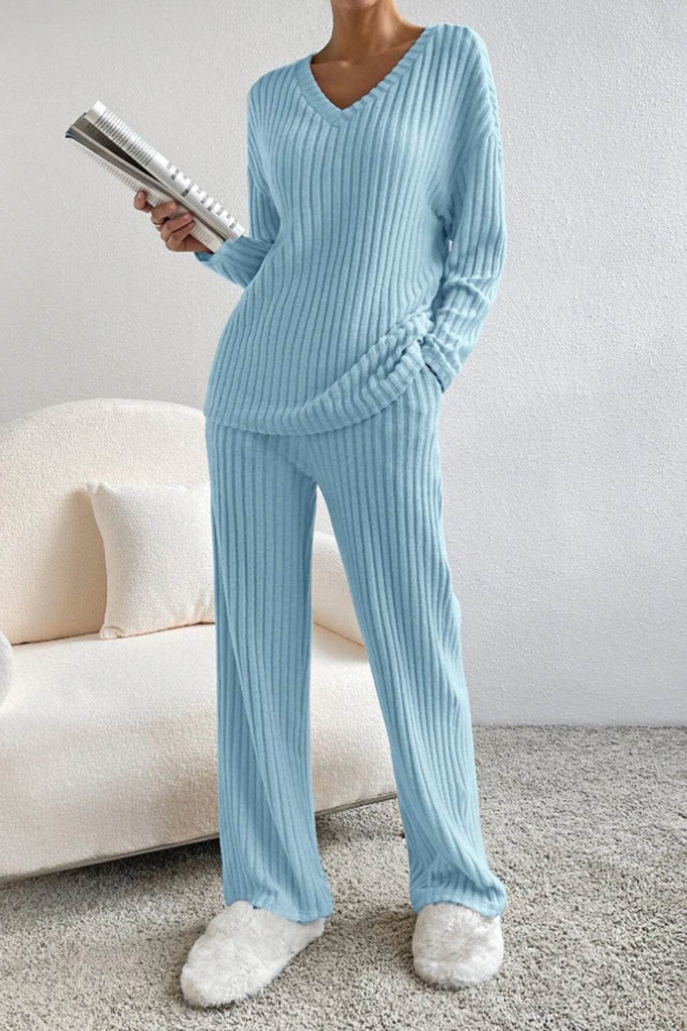 Ribbed V-Neck Top and Pants Set - DaTrendStore.Com