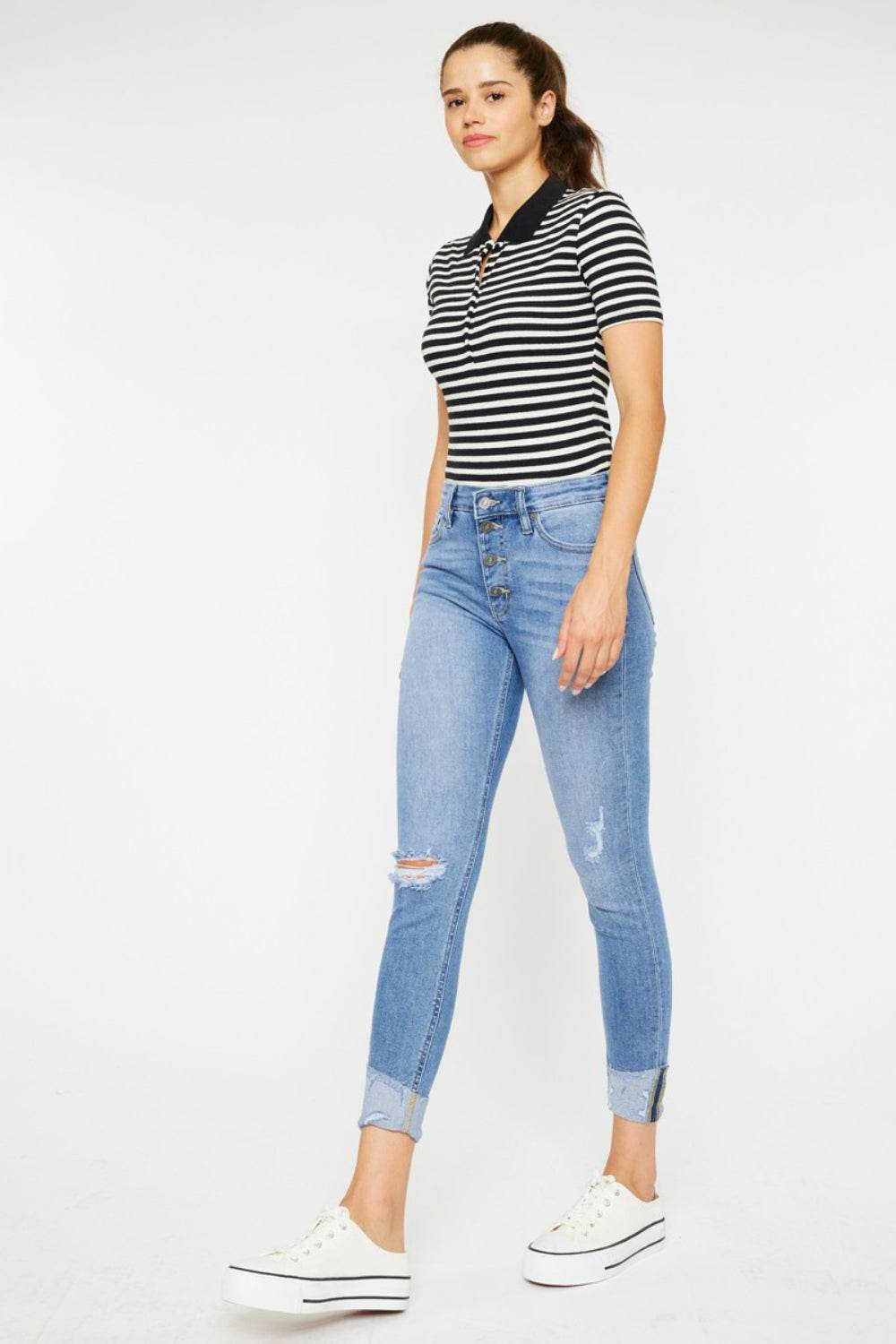 Kancan Distressed Cat's Whiskers Button Fly Jeans - DaTrendStore.Com
